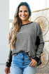 Striped Waffle Knit Contrast Sleeve Pullover Top