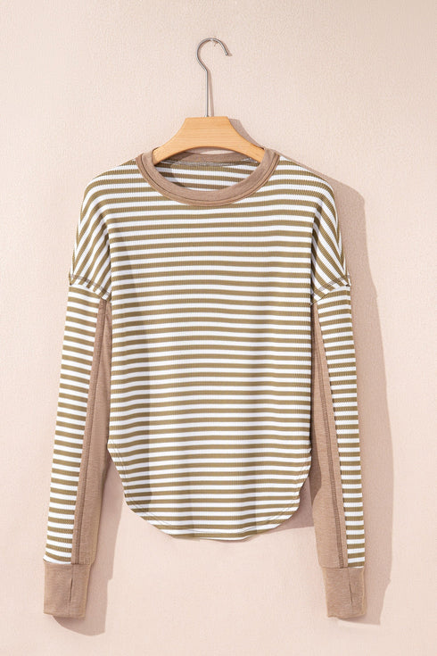 Striped Waffle Knit Contrast Sleeve Pullover Top