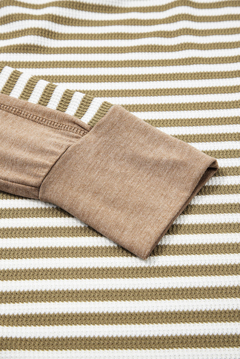 Striped Waffle Knit Contrast Sleeve Pullover Top