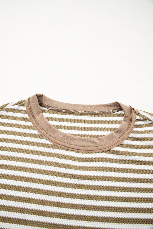 Striped Waffle Knit Contrast Sleeve Pullover Top