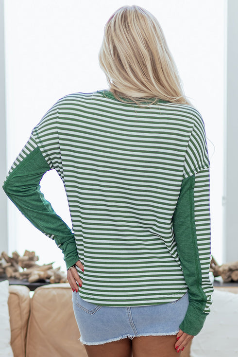 Striped Waffle Knit Contrast Sleeve Pullover Top