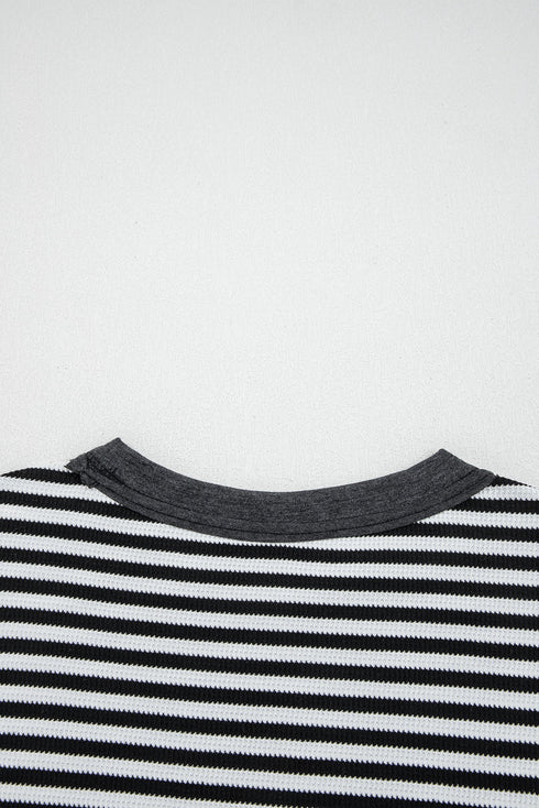 Striped Waffle Knit Contrast Sleeve Pullover Top