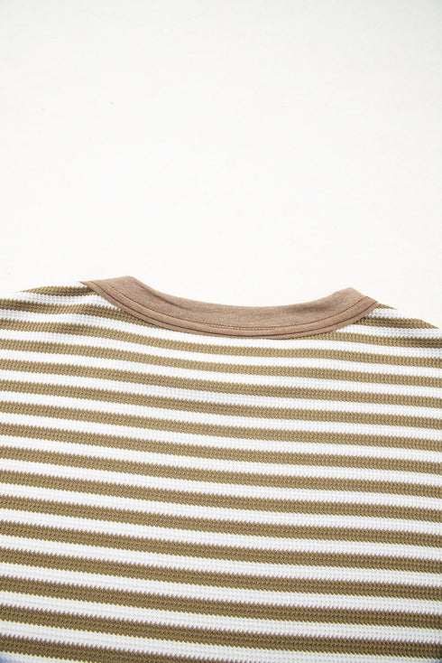 Striped Waffle Knit Contrast Sleeve Pullover Top