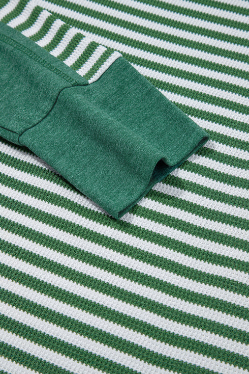 Striped Waffle Knit Contrast Sleeve Pullover Top