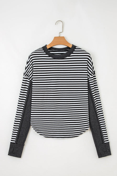 Striped Waffle Knit Contrast Sleeve Pullover Top