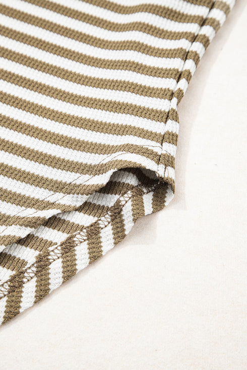 Striped Waffle Knit Contrast Sleeve Pullover Top