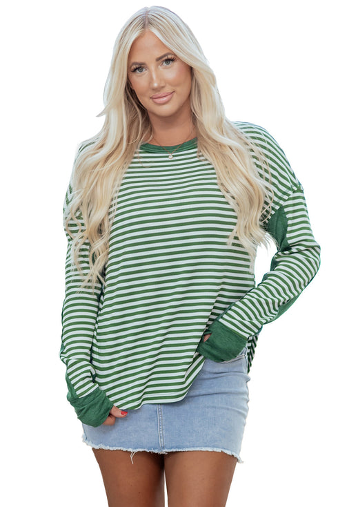 Striped Waffle Knit Contrast Sleeve Pullover Top
