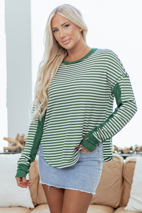 Striped Waffle Knit Contrast Sleeve Pullover Top