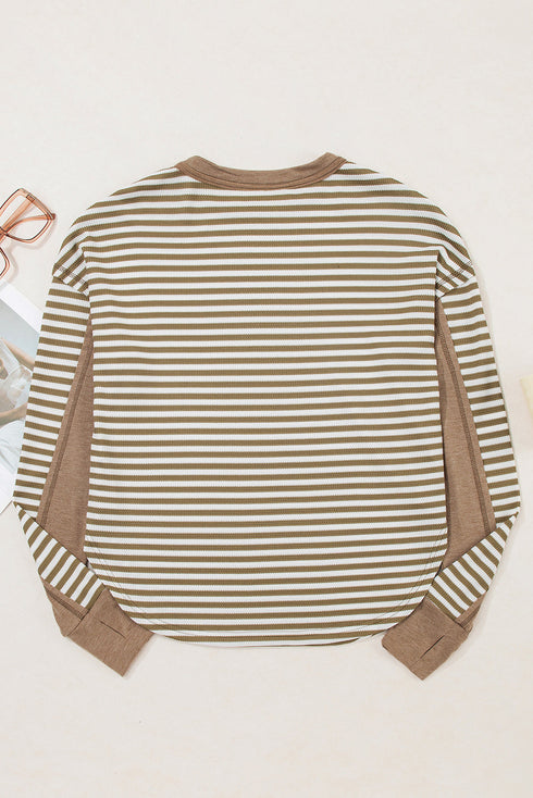 Striped Waffle Knit Contrast Sleeve Pullover Top
