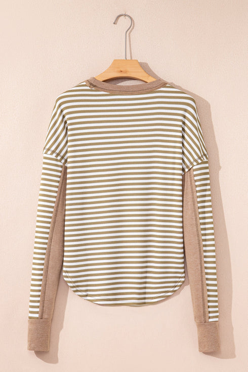 Striped Waffle Knit Contrast Sleeve Pullover Top