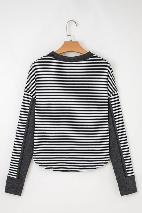 Striped Waffle Knit Contrast Sleeve Pullover Top