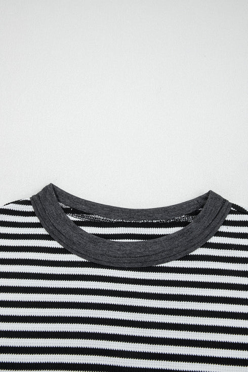 Striped Waffle Knit Contrast Sleeve Pullover Top