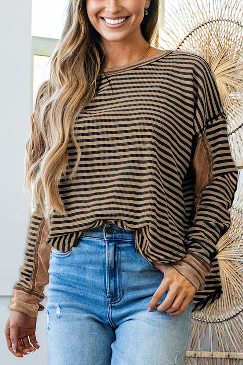 Striped Waffle Knit Contrast Sleeve Pullover Top