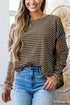 Striped Waffle Knit Contrast Sleeve Pullover Top