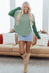 Striped Waffle Knit Contrast Sleeve Pullover Top