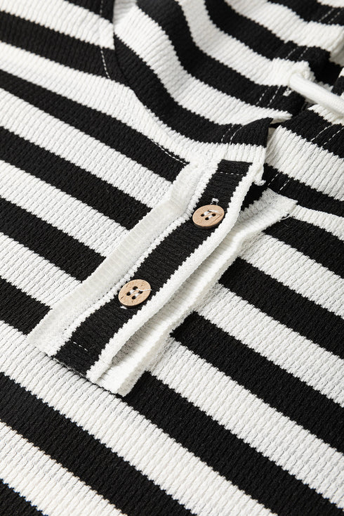 Striped Waffle Knit Dolman Sleeve Buttoned Hooded Top