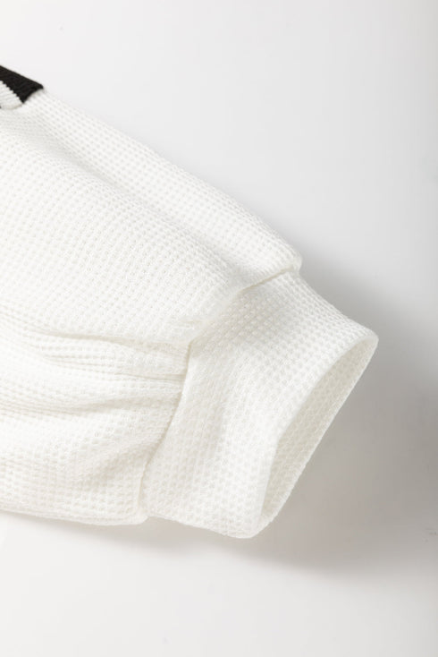 Striped Waffle Knit Dolman Sleeve Buttoned Hooded Top