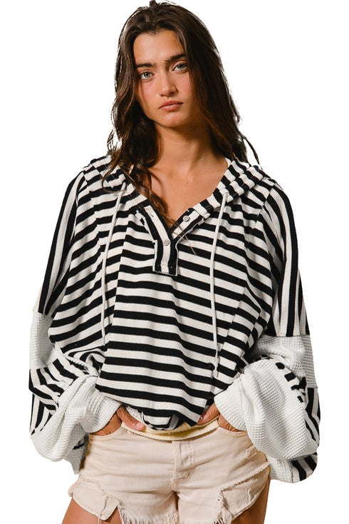 Striped Waffle Knit Dolman Sleeve Buttoned Hooded Top