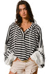 Striped Waffle Knit Dolman Sleeve Buttoned Hooded Top