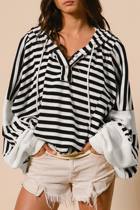 Striped Waffle Knit Dolman Sleeve Buttoned Hooded Top