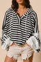 Striped Waffle Knit Dolman Sleeve Buttoned Hooded Top