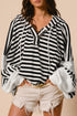 Striped Waffle Knit Dolman Sleeve Buttoned Hooded Top