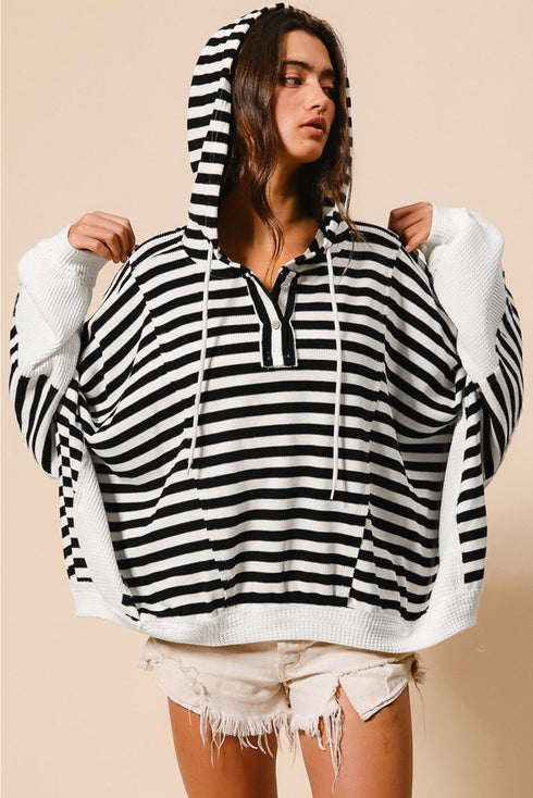 Striped Waffle Knit Dolman Sleeve Buttoned Hooded Top