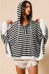Striped Waffle Knit Dolman Sleeve Buttoned Hooded Top
