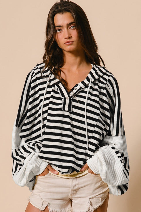 Striped Waffle Knit Dolman Sleeve Buttoned Hooded Top