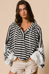 Striped Waffle Knit Dolman Sleeve Buttoned Hooded Top