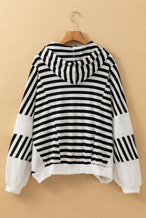Striped Waffle Knit Dolman Sleeve Buttoned Hooded Top
