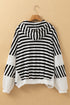 Striped Waffle Knit Dolman Sleeve Buttoned Hooded Top