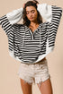 Striped Waffle Knit Dolman Sleeve Buttoned Hooded Top