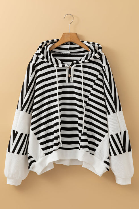 Striped Waffle Knit Dolman Sleeve Buttoned Hooded Top