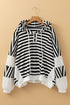Striped Waffle Knit Dolman Sleeve Buttoned Hooded Top
