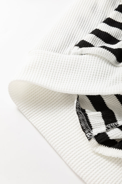 Striped Waffle Knit Dolman Sleeve Buttoned Hooded Top