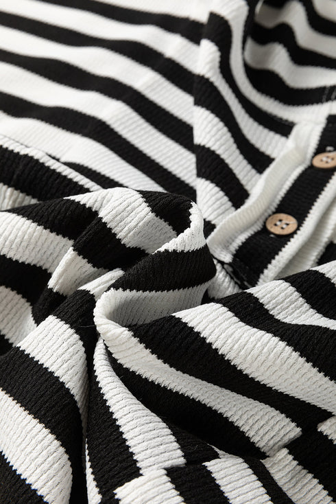 Striped Waffle Knit Dolman Sleeve Buttoned Hooded Top