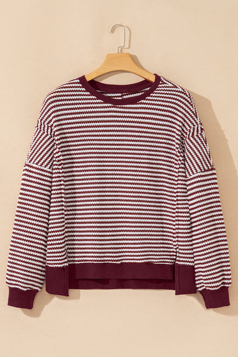 Striped Waffle Knit Drop Shoulder Oversized Top