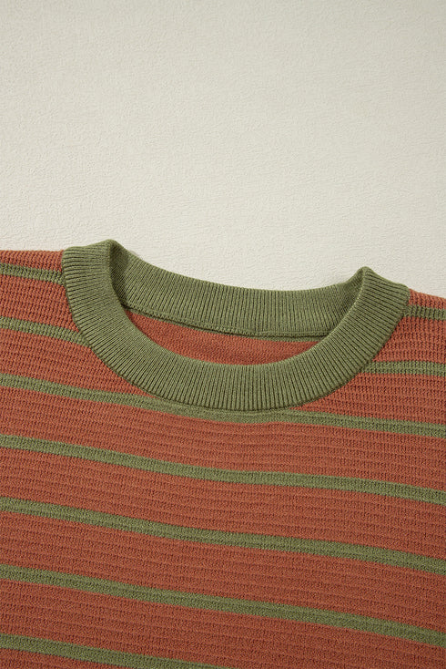 Striped Waffle Knit Long Sleeve Crew Neck Pullover Top