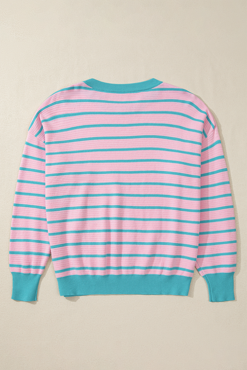 Striped Waffle Knit Long Sleeve Crew Neck Pullover Top