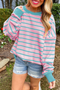 Striped Waffle Knit Long Sleeve Crew Neck Pullover Top