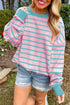 Striped Waffle Knit Long Sleeve Crew Neck Pullover Top
