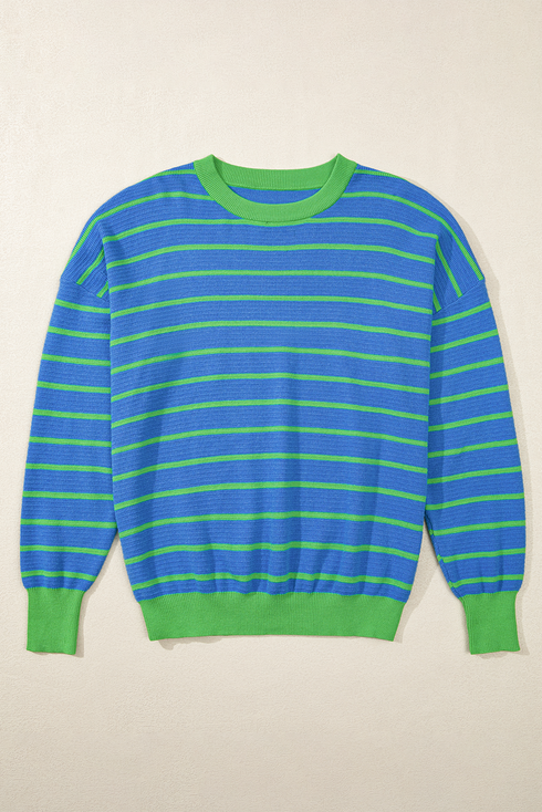 Striped Waffle Knit Long Sleeve Crew Neck Pullover Top