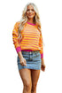 Striped Waffle Knit Long Sleeve Crew Neck Pullover Top