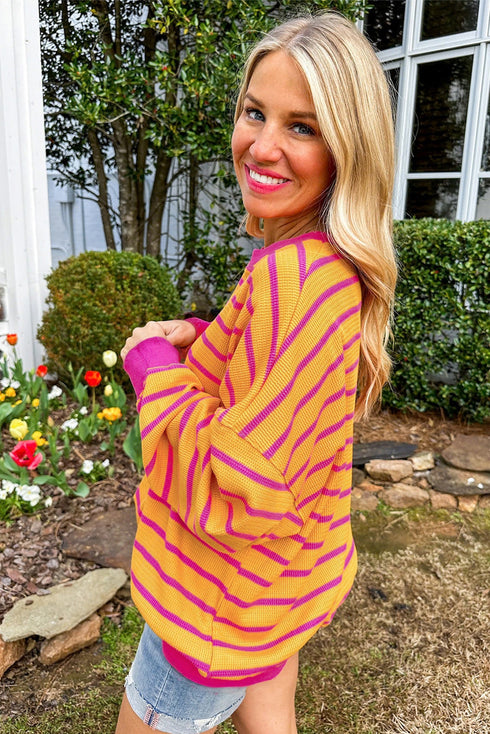 Striped Waffle Knit Long Sleeve Crew Neck Pullover Top