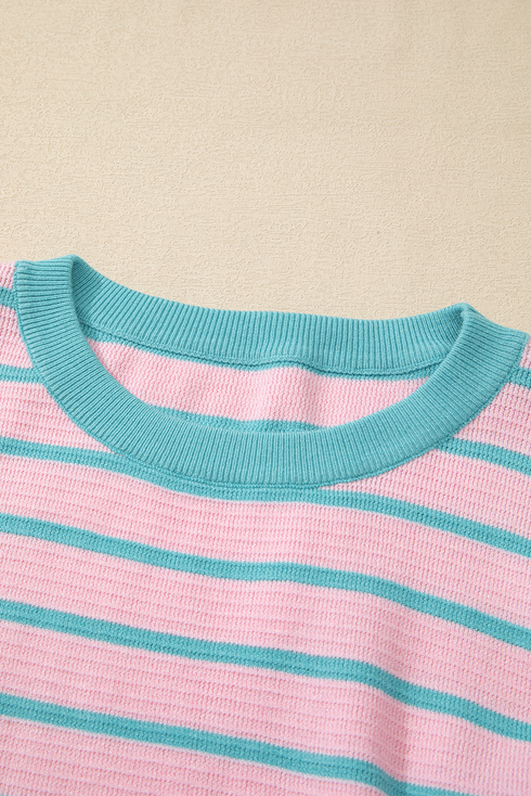 Striped Waffle Knit Long Sleeve Crew Neck Pullover Top