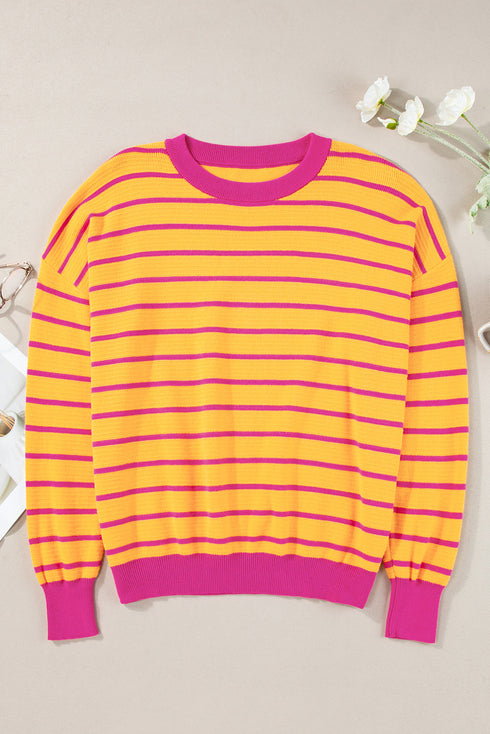 Striped Waffle Knit Long Sleeve Crew Neck Pullover Top