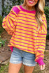 Striped Waffle Knit Long Sleeve Crew Neck Pullover Top