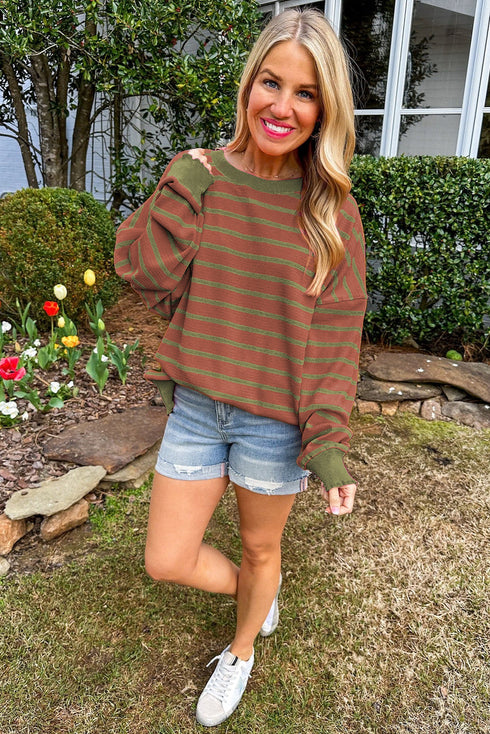 Striped Waffle Knit Long Sleeve Crew Neck Pullover Top