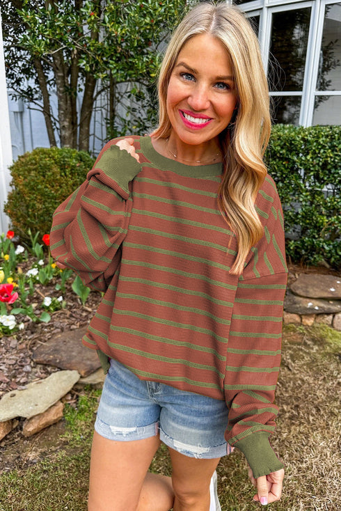 Striped Waffle Knit Long Sleeve Crew Neck Pullover Top